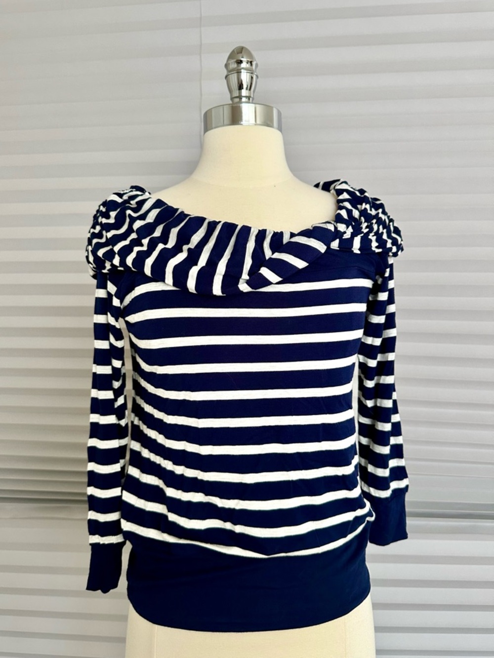 Bordeaux Navy and White Striped Off-Shoulder Sweater